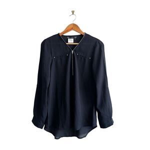Tru Luxe Silky Blouse Navy Zipper Detail Adjustable Sleeves Women's S Sheer